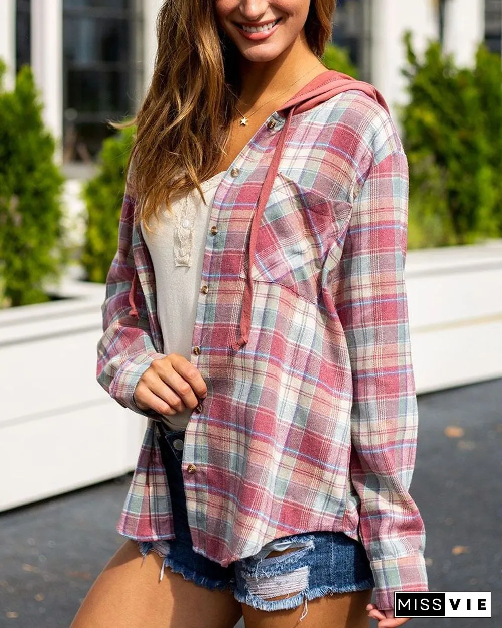 Oversizd Fit Button Up Hoodies Casual Multi Colored Hooded Flannel Shirt