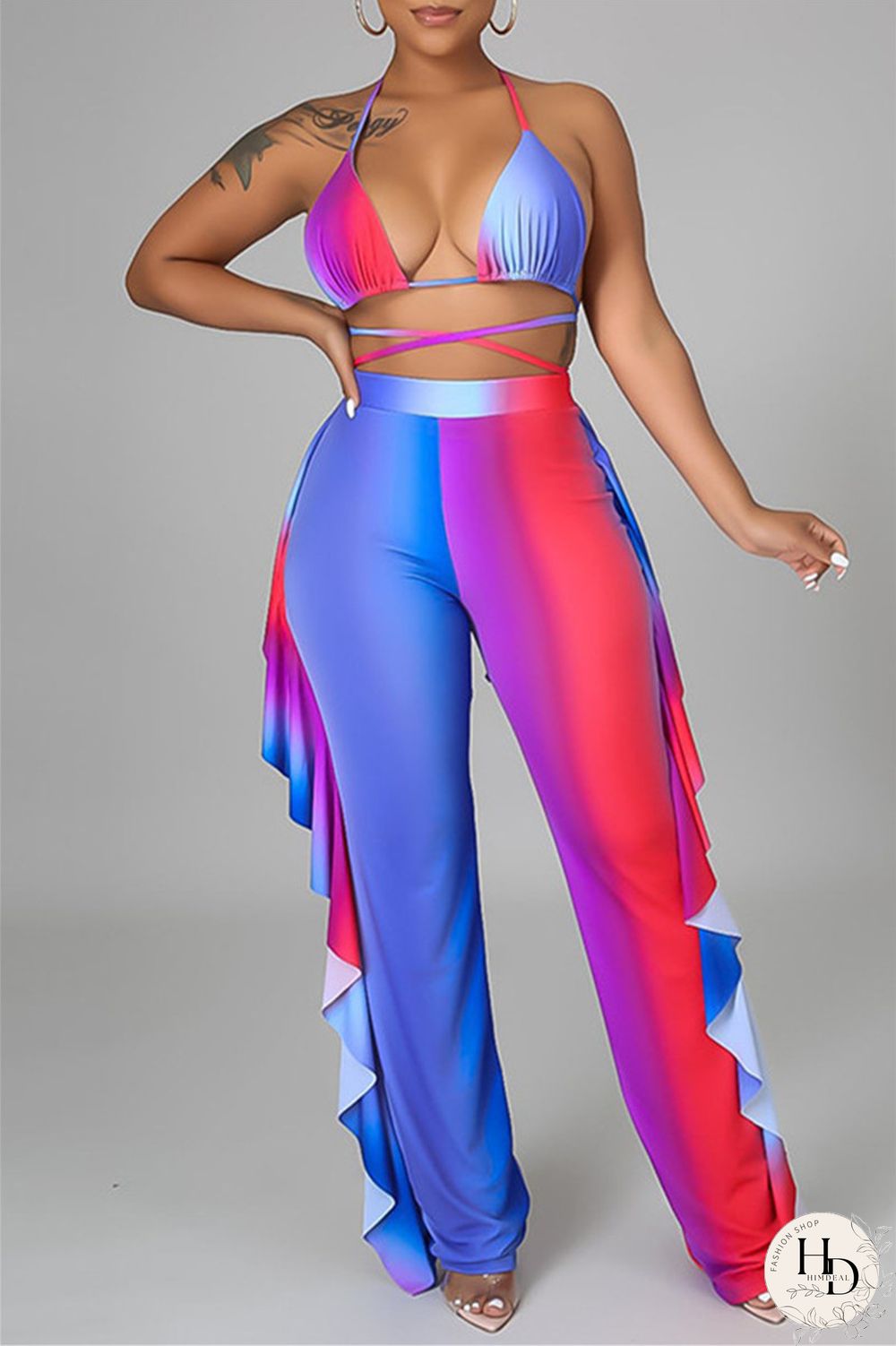 Yellow Fashion Sexy Print Backless Strap Design Halter Sleeveless Three-piece Set