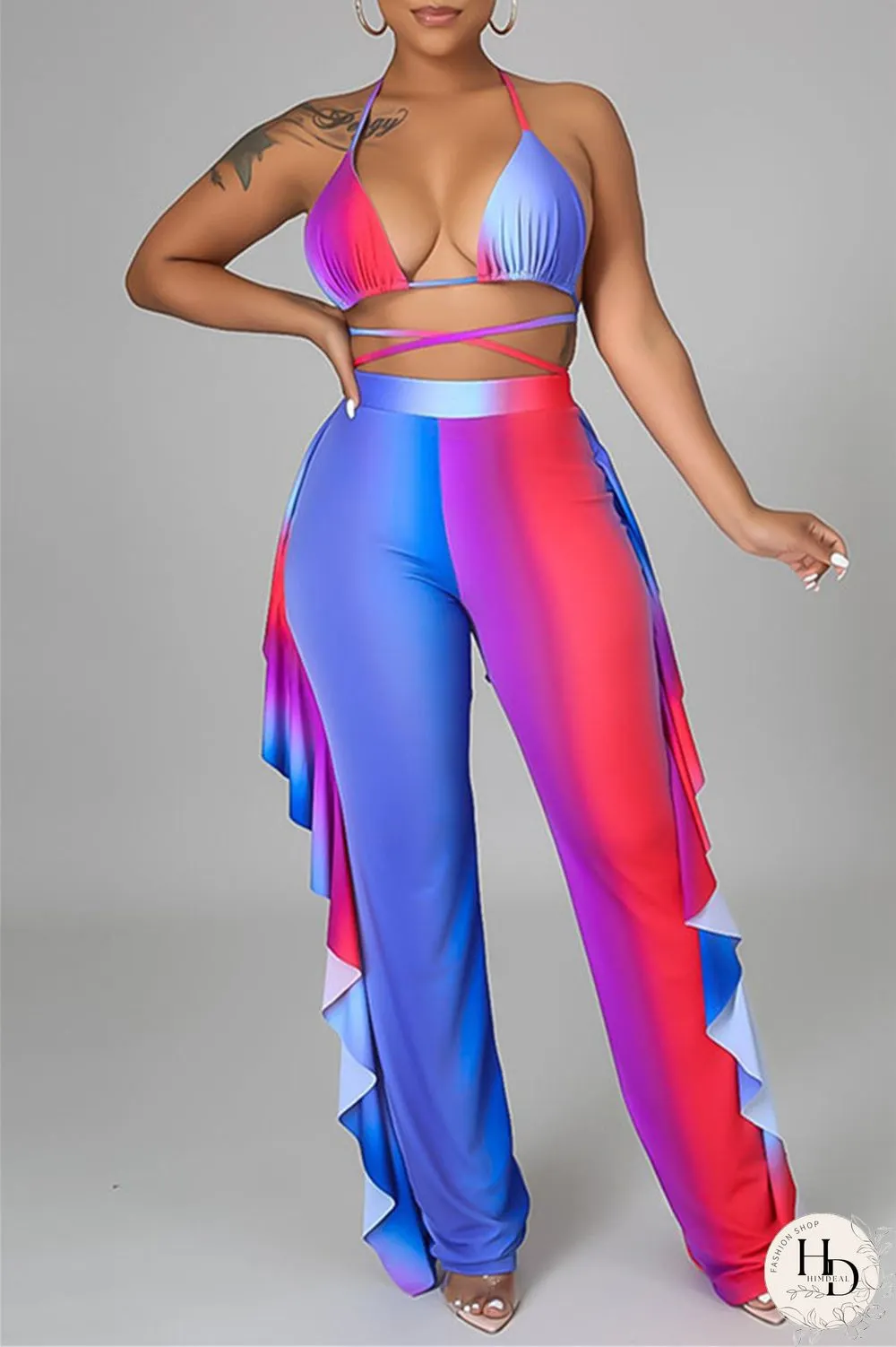 Yellow Fashion Sexy Print Backless Strap Design Halter Sleeveless Three-piece Set