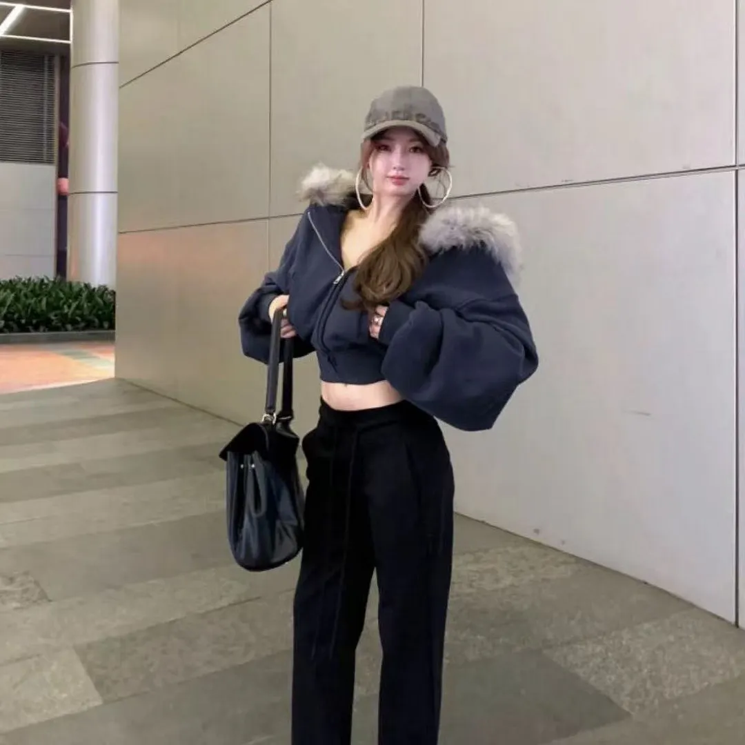Nigikala Nigikala New Wool Collar Hoodie Jacket Zipper Spring And Autumn Short Design Top Short Coat