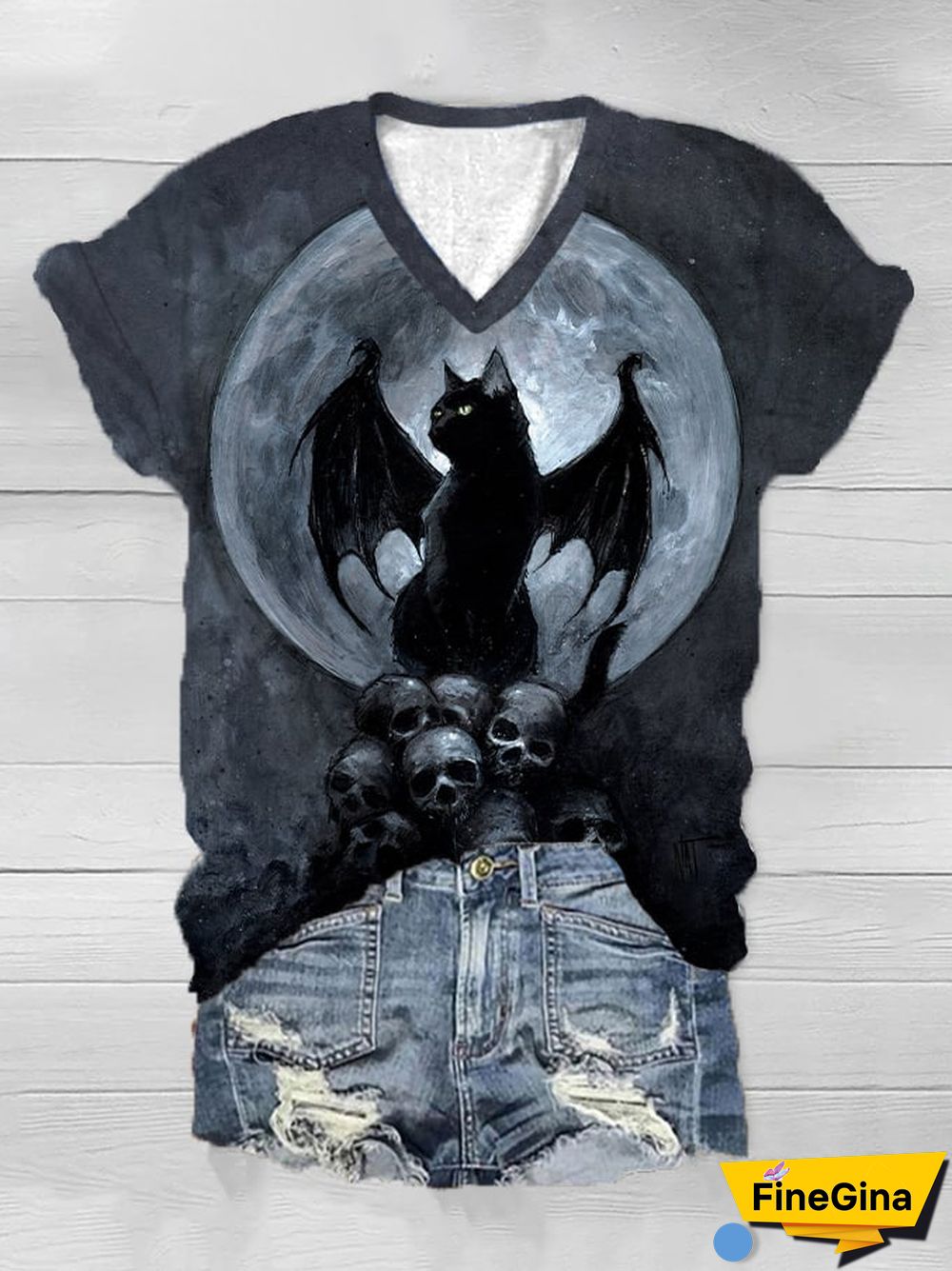 Women's Halloween Flying Cat Skeleton Print V-Neck T-Shirt