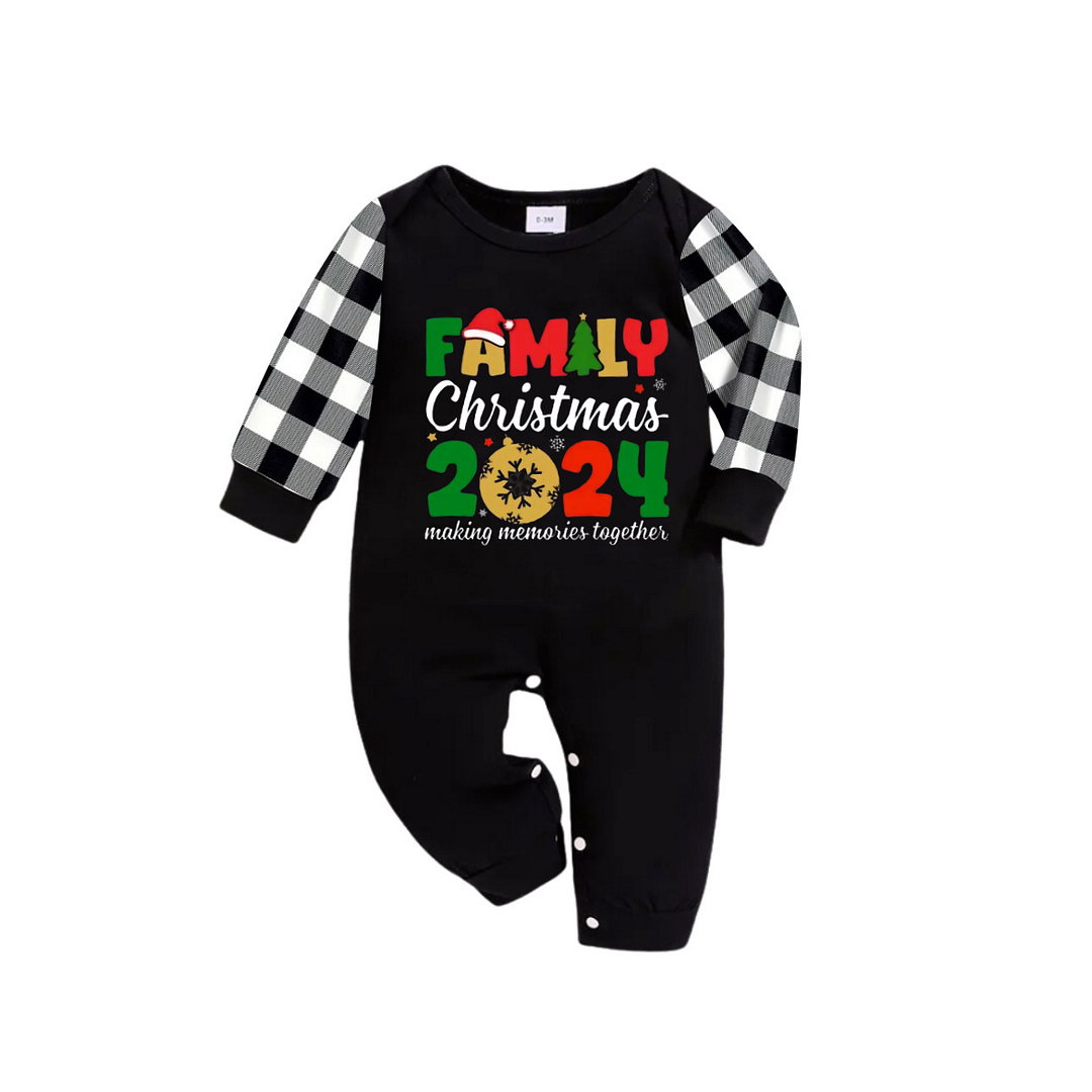 "Family Christmas 2024" Cute Text and Santa Hat Prints Black Long Sleeve Top with Black And White Plaid Pants Family Matching Pajamas