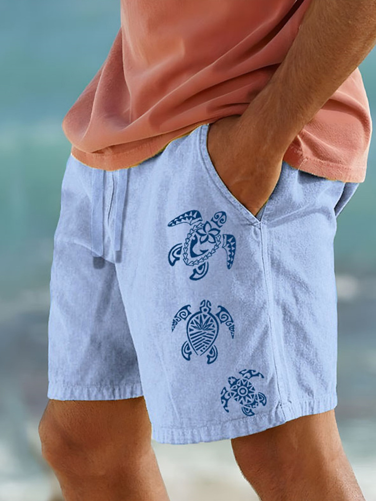 Sea Turtle Print Linen Blend Casual Shorts  artssus