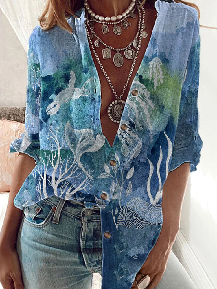 Tie Dye Sea Turtle Art Cotton Linen Flowy Shirt