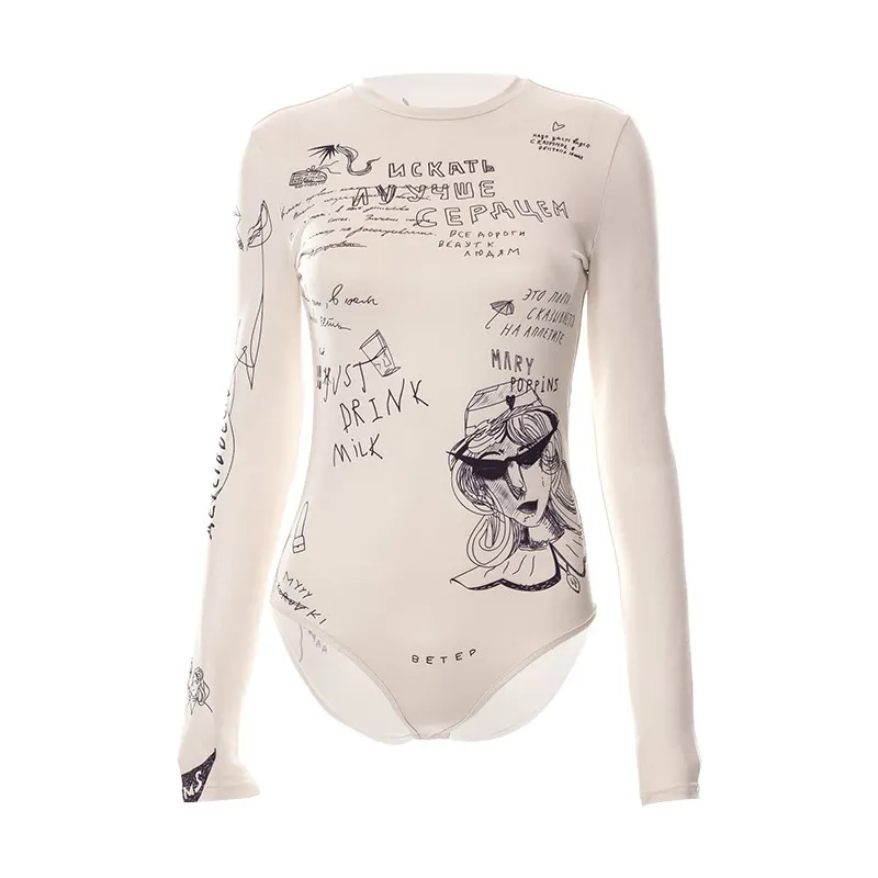 Brownm 2024 Women's Summer New Round-Neck Long-Sleeved Fashion Print Repair Uniform