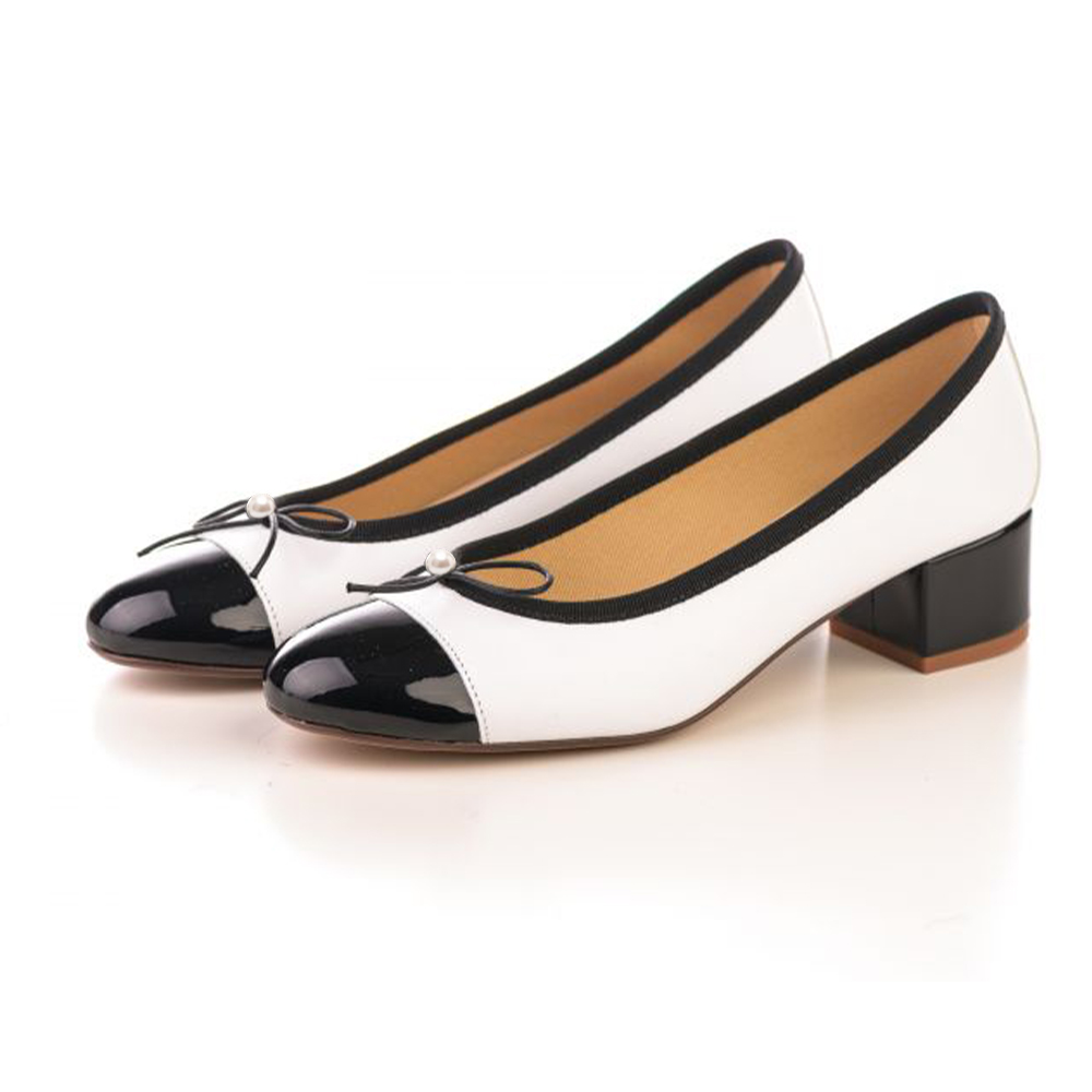Round Toe White Colorblock  Pumps With Pearl Bow Decor Chunky Low Heel Nicepairs