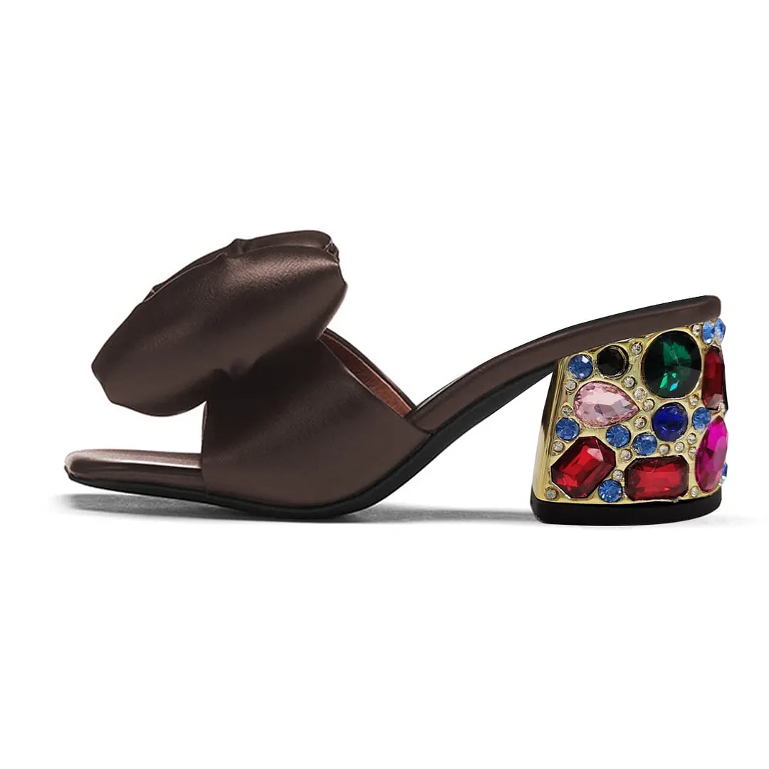 Square Toe Decorative Heel Bow Rhinestone Mules for Women in Brown