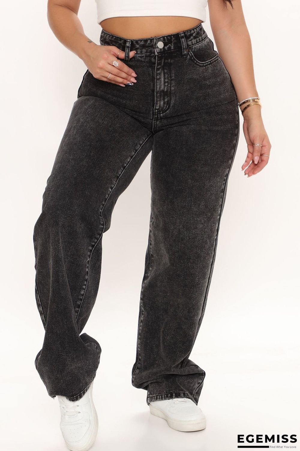 Black Casual Solid Patchwork High Waist Regular Denim Jeans | EGEMISS