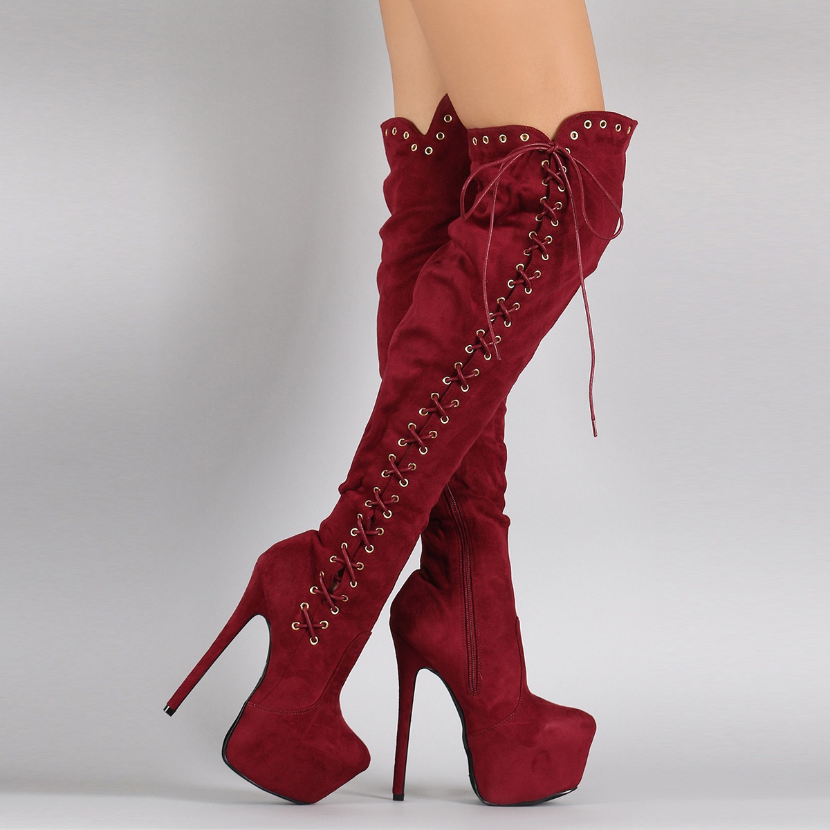 GOOSHOE Round Toe Wine Red Over The Knee Long Boots Women Platform Boots Big Size 46 Shoes