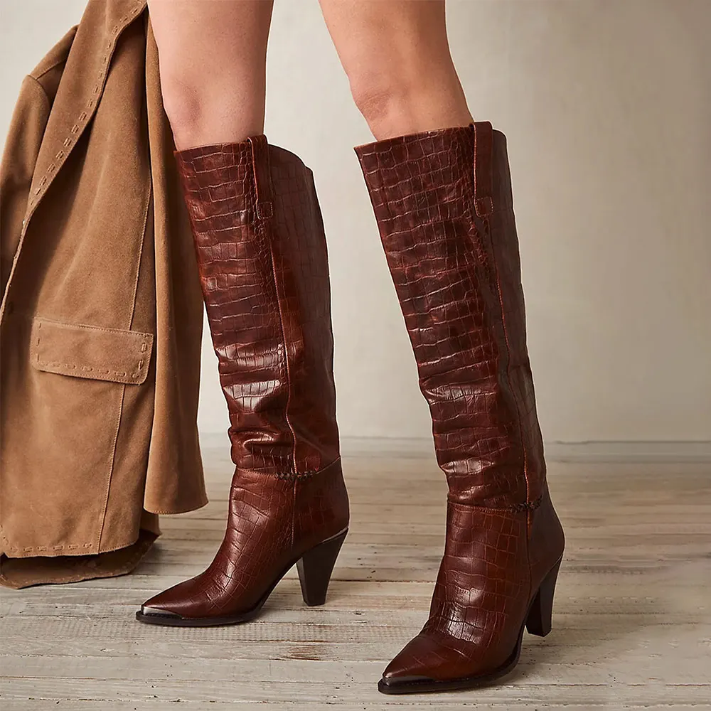 Brown Pointed Toe Cone Heel Croc Embossed Over the Knee Boots