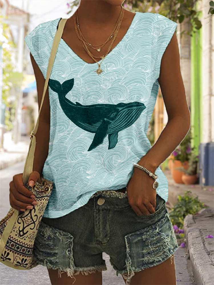 Whale & Waves Japanese Art V Neck Comfy Tank Top