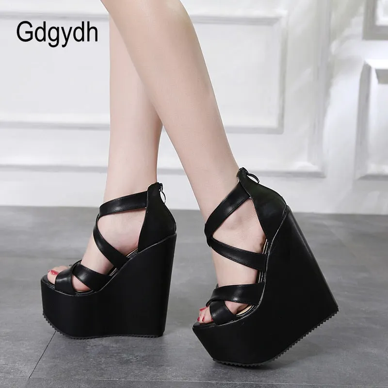 Gdgydh Height 17cm Platform Wedges Shoes Black White With Cross Straps Ultra High Heel Hot Footwear Sandals Zipper Party On Sale