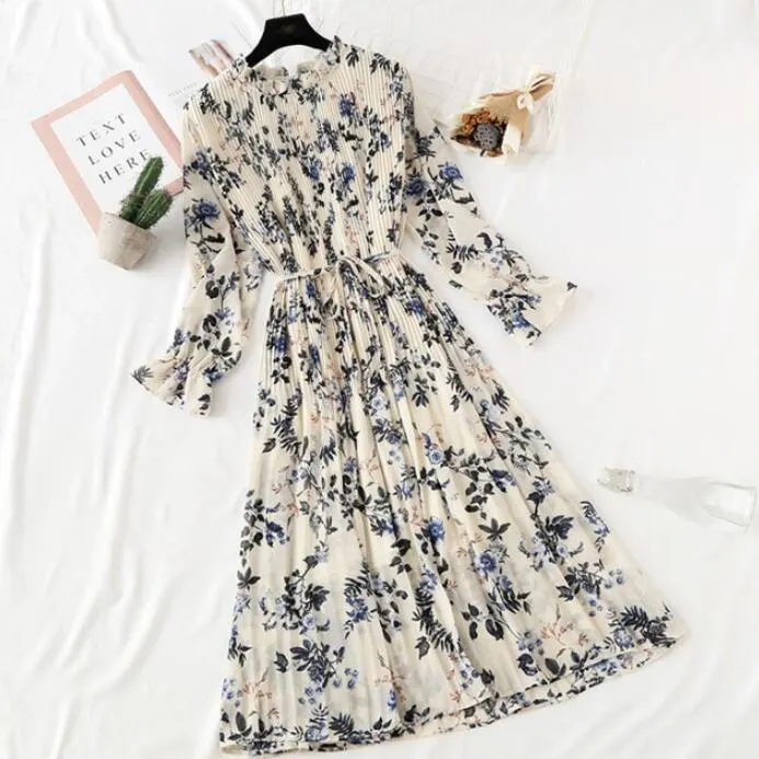 Polka Dot Print Women Chiffon Pleated Dress Sweet Flare Sleeve Party Dresses Casual Loose Lady Office Midi Dress Vestidos Mujer