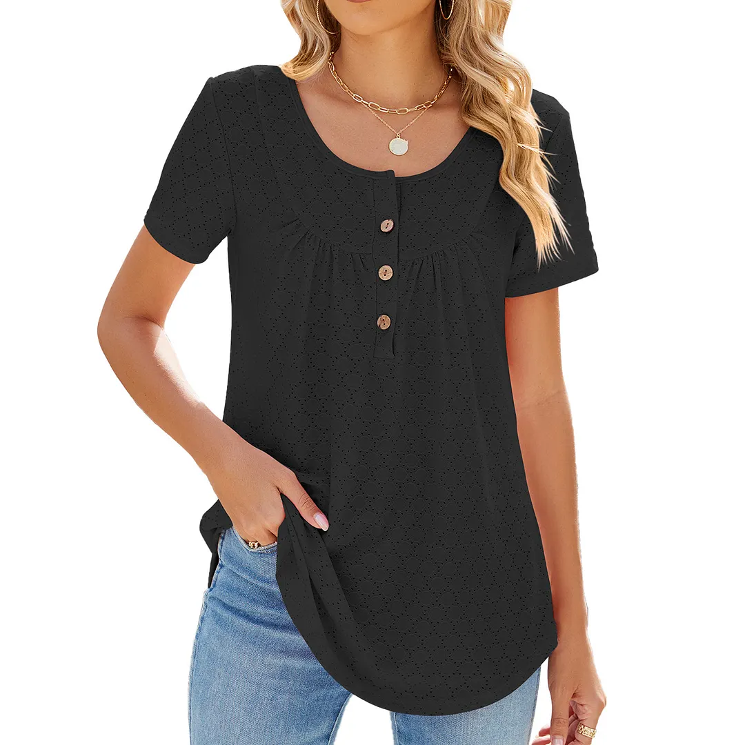 Churchf Churchf 2024 New Circle Draw Pleated Button Short Sleeve Swallow-Tailed T-Shirt Top