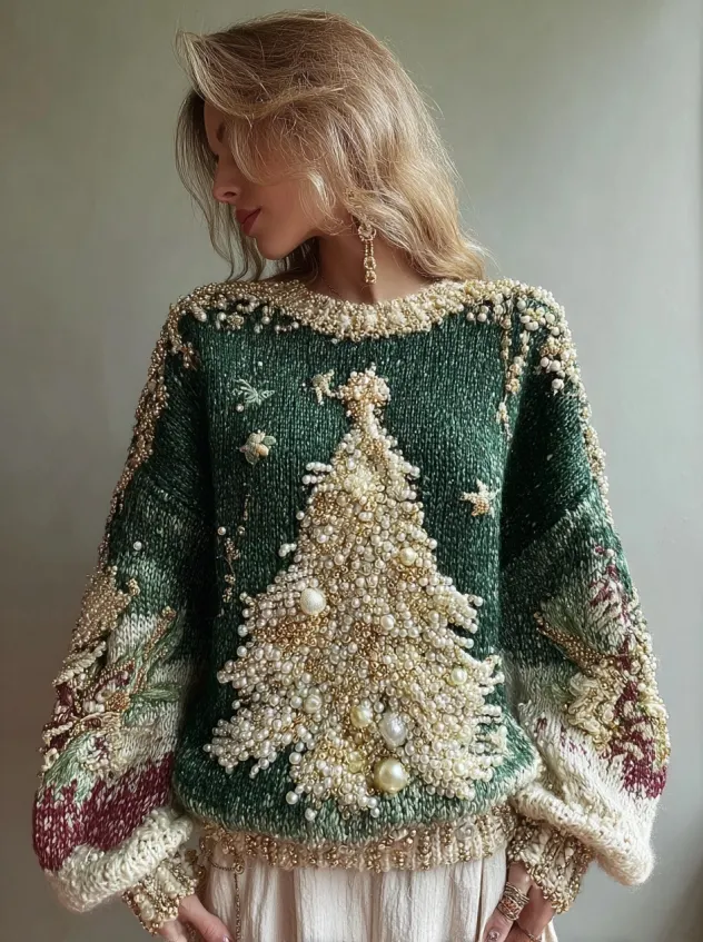 Women's Christmas Tree And Decorations Art Crew Neck Cozy Sweater