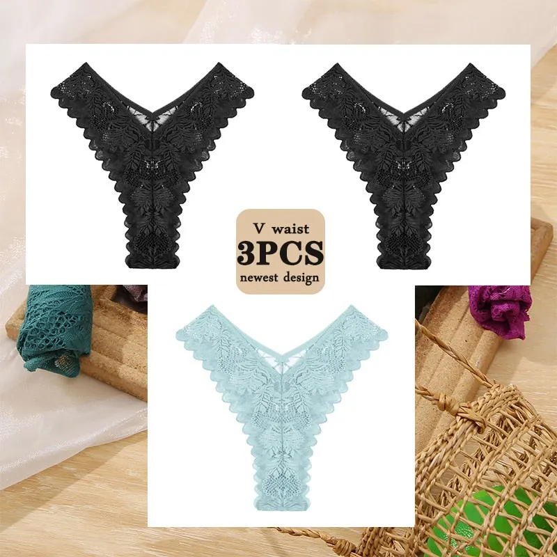 3PCS/Set Floral Lace Panties Perspective Sexy Underwear Women Panties Brazilian Briefs Lingerie V Waist Design Female Underpants