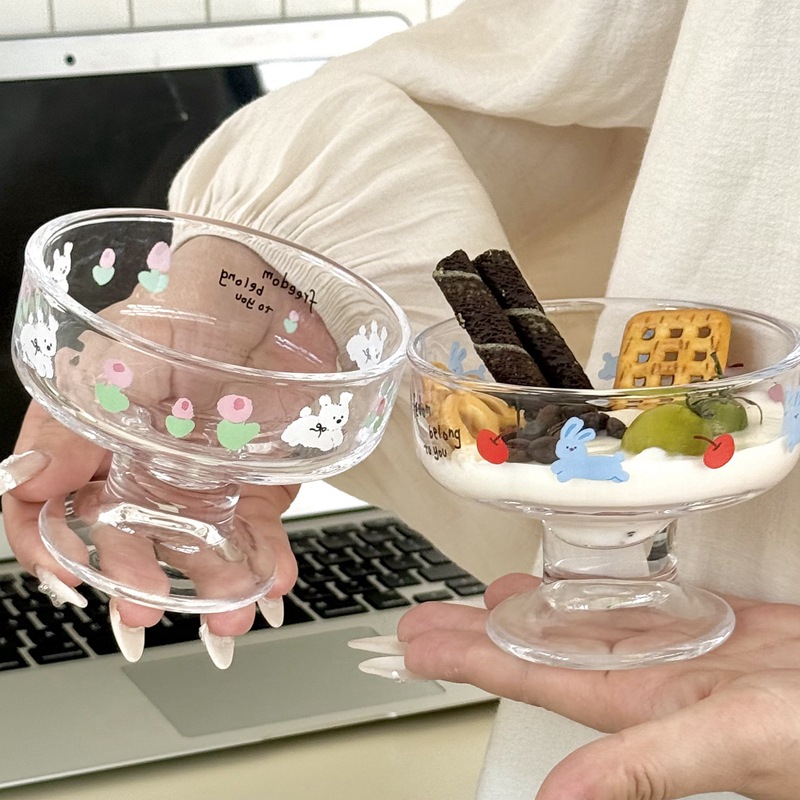 Korean Ins Cartoon Transparent Glass Cold Drink Ice Cream Cup Fruit Salad Yogurt Juice Ice Cream Tall Cup