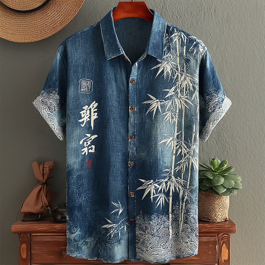 Men's Retro Tie-dye Bamboo Pattern Short-sleeve Shirt elevenforest