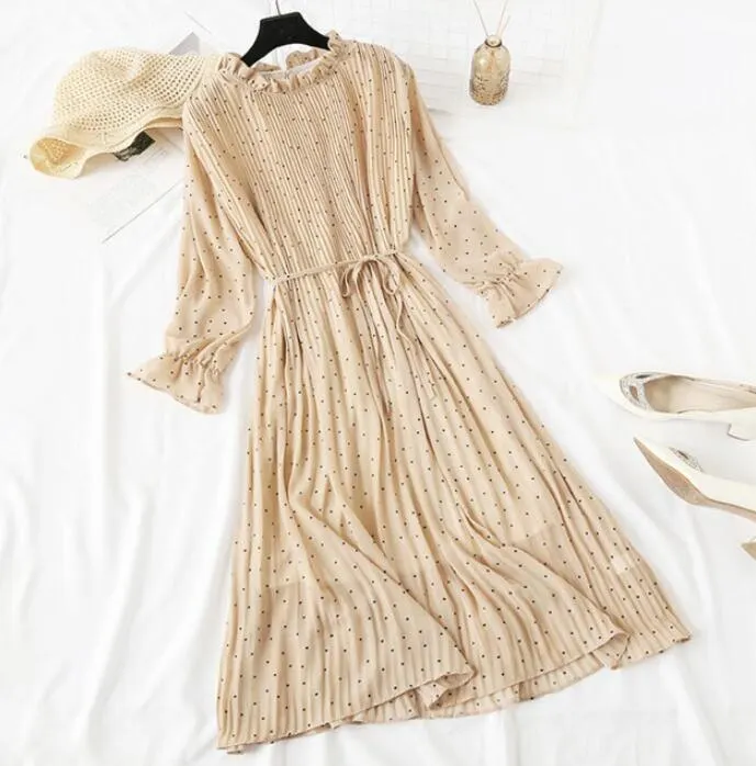 Polka Dot Print Women Chiffon Pleated Dress Sweet Flare Sleeve Party Dresses Casual Loose Lady Office Midi Dress Vestidos Mujer