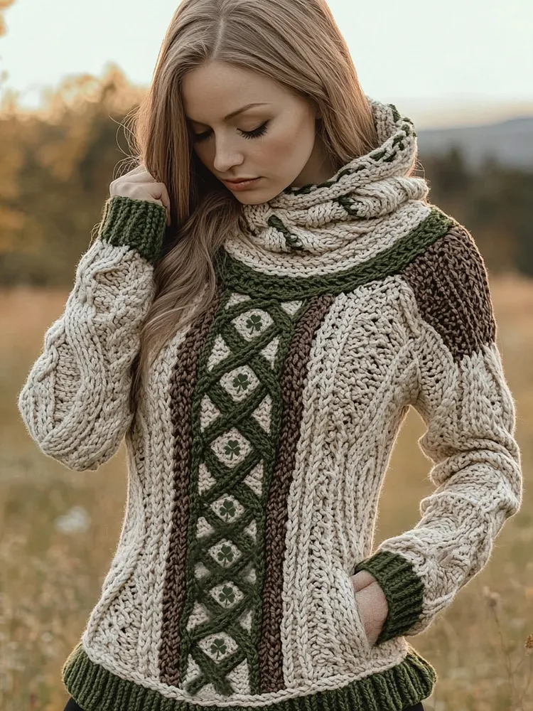 Women's Irish Celtic Knotted Jacquard Pocket Ireland's Hooded Sweater