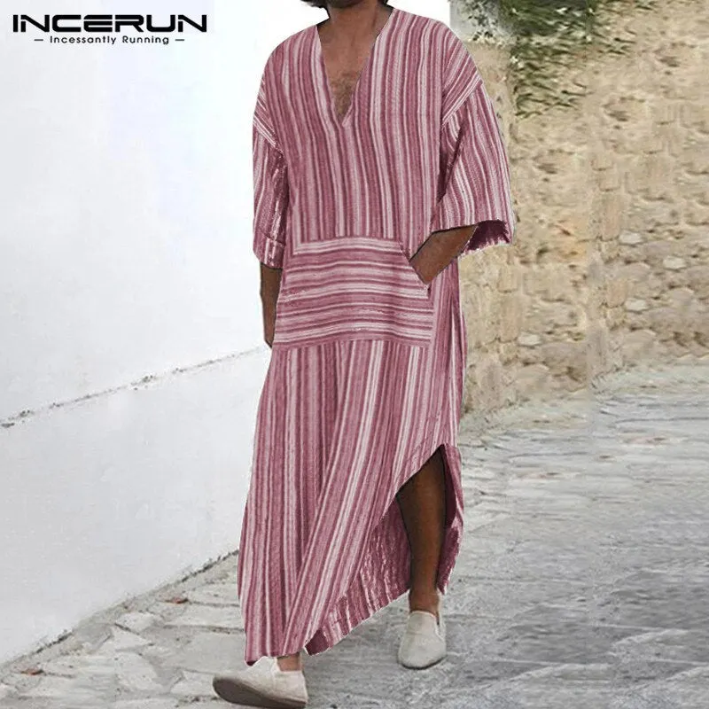 INCERUN Men Muslim Kaftan Cotton Arabic Islamic Robes Striped Retro Pockets Long Sleeve Middle East Men Jubba Thobe S-5XL 2022