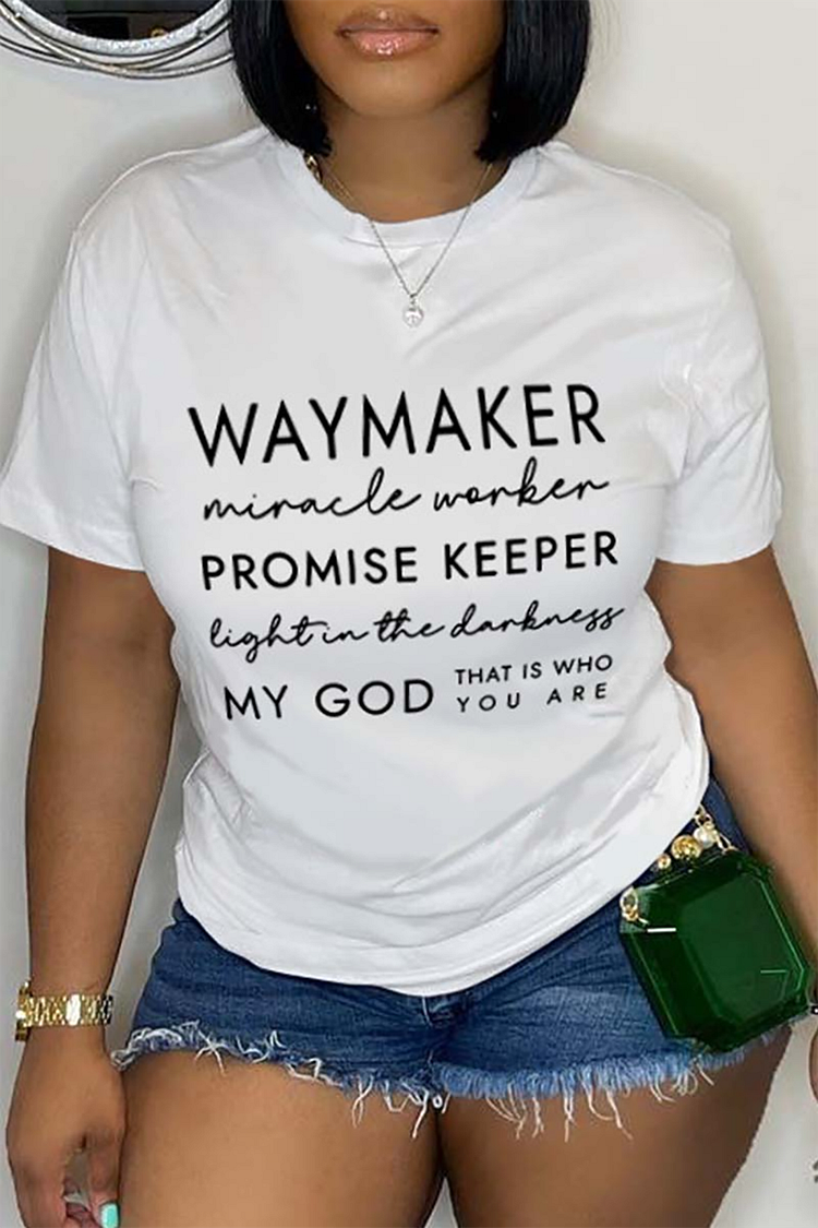 Plus Size Daily T-Shirt White Letter Print Round Neck Short Sleeve T-Shirt 2024 - Xpluswear