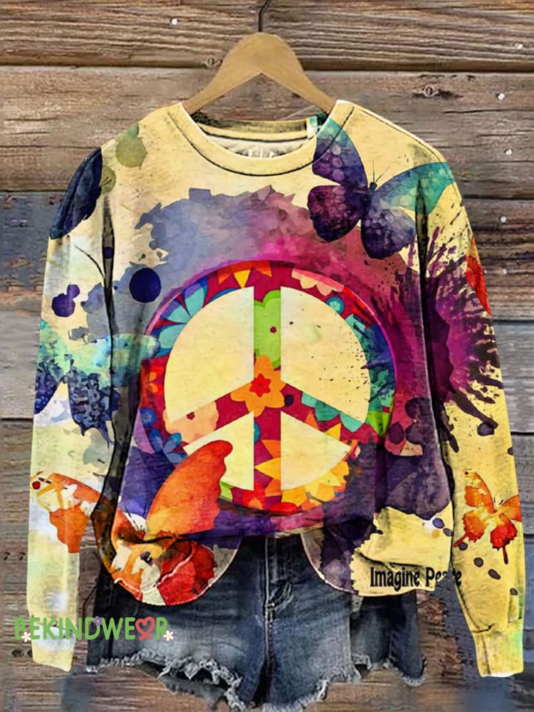 Peace Love Butterfly Gradient Print Casual Sweatshirt Multicolor / S