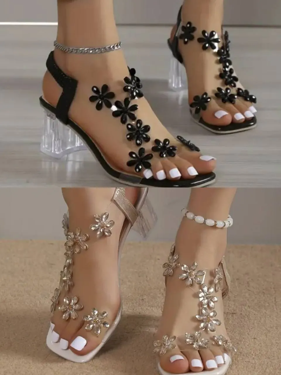 🔥Last Day 49% OFF - Women's Flower Rhinestone Block Heel Sandals