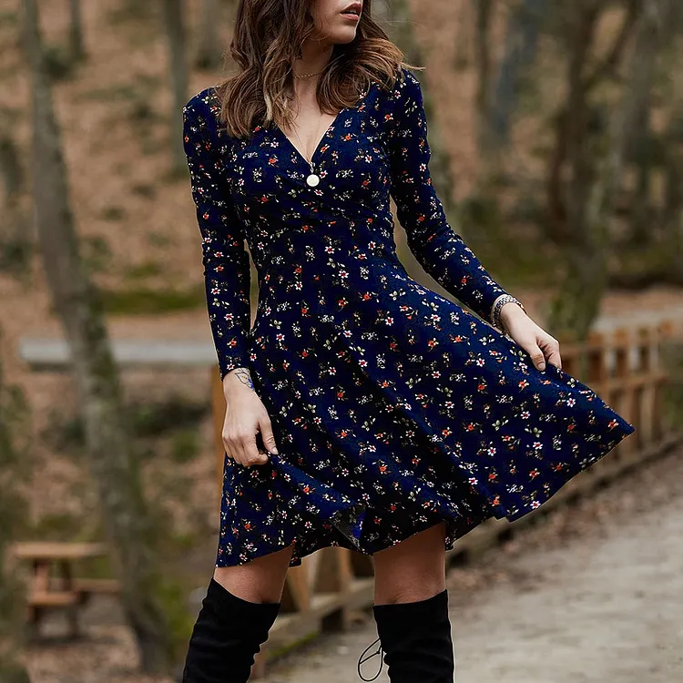 Fashion Floral Vintage Elegant Long Sleeve Loose A-Line Casual Dress
