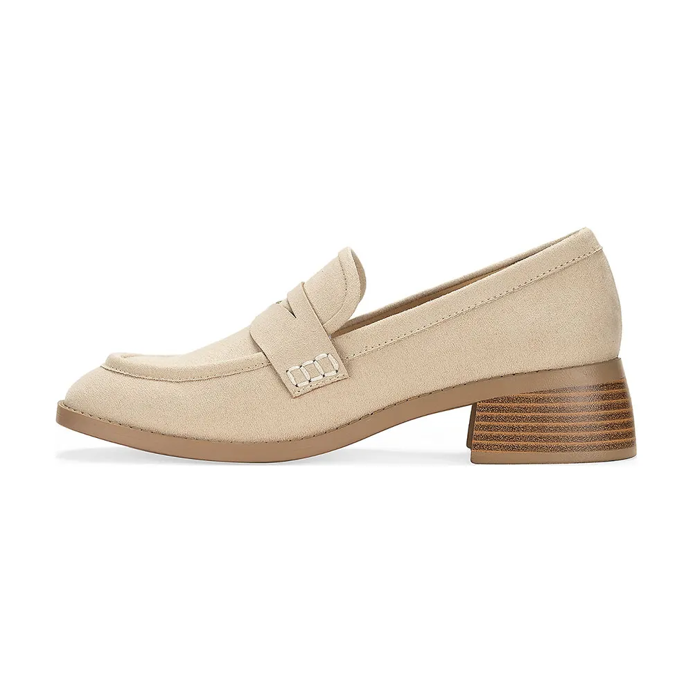 Beige Round Toe Mid Block Heel Casual Slip On Loafer Shoes Women