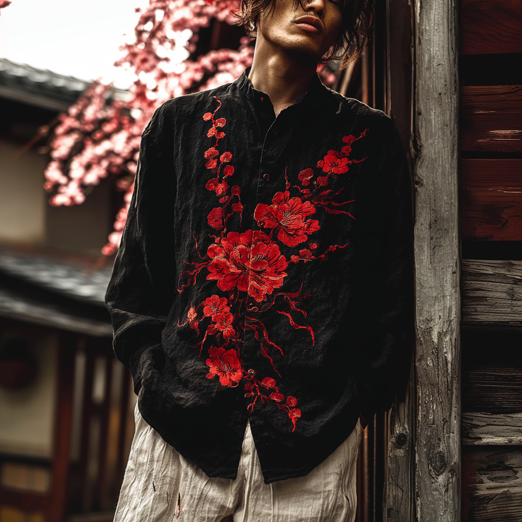 Japanese Art Violent Aesthetics Style Retro Linen Shirt elevenforest