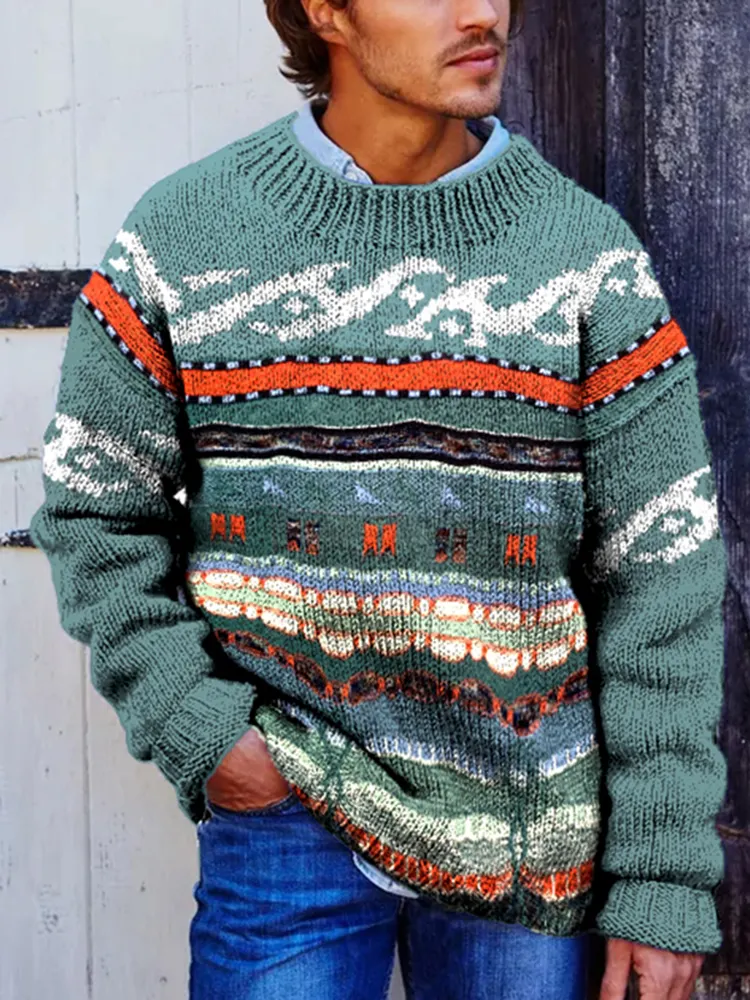 Retro Green Striped Surf Jacquard Crew Neck Sweater
