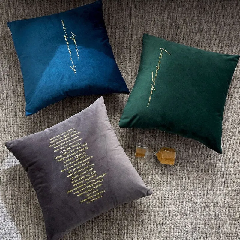 Nordic Square Solid Velvet Pillowcase Letter Embroidered Cushion Cover 45*45 cm Gray Green Blue Home Decor Pillow Cover For Sofa