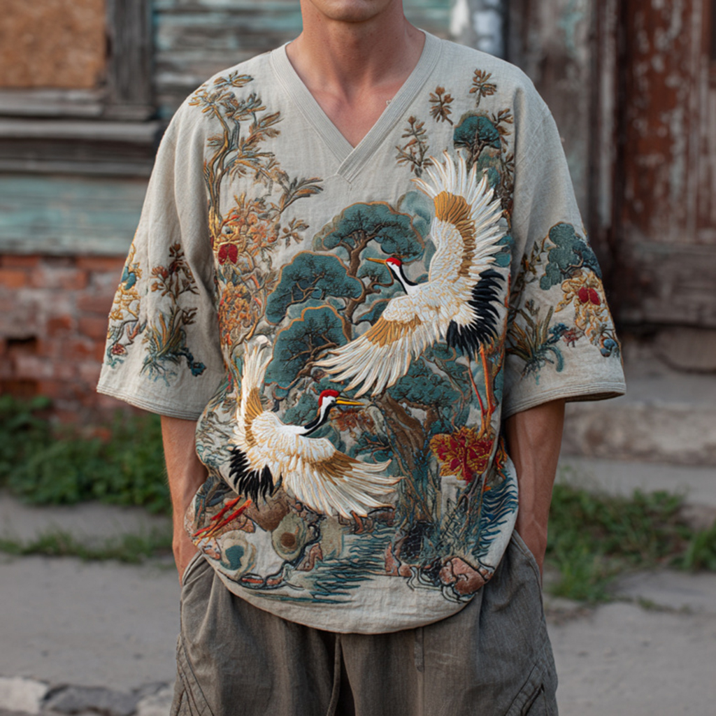 Men's Japanese Pine Crane Embroidery V-neck Linen Blend T-shirt