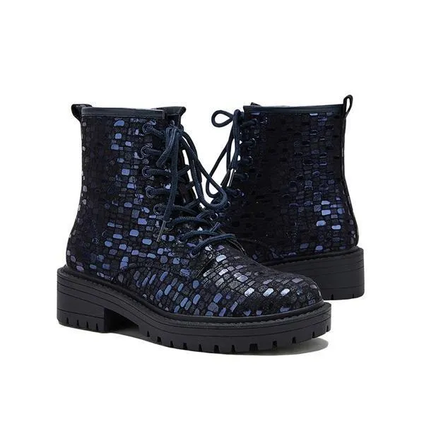 Women Sexy Sequin Lace-Up Ankle Chunky Heel Boots