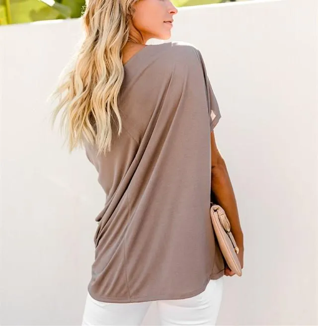 Sexy Pure Color Slanted Shoulder Baggy Blouse T-Shirt