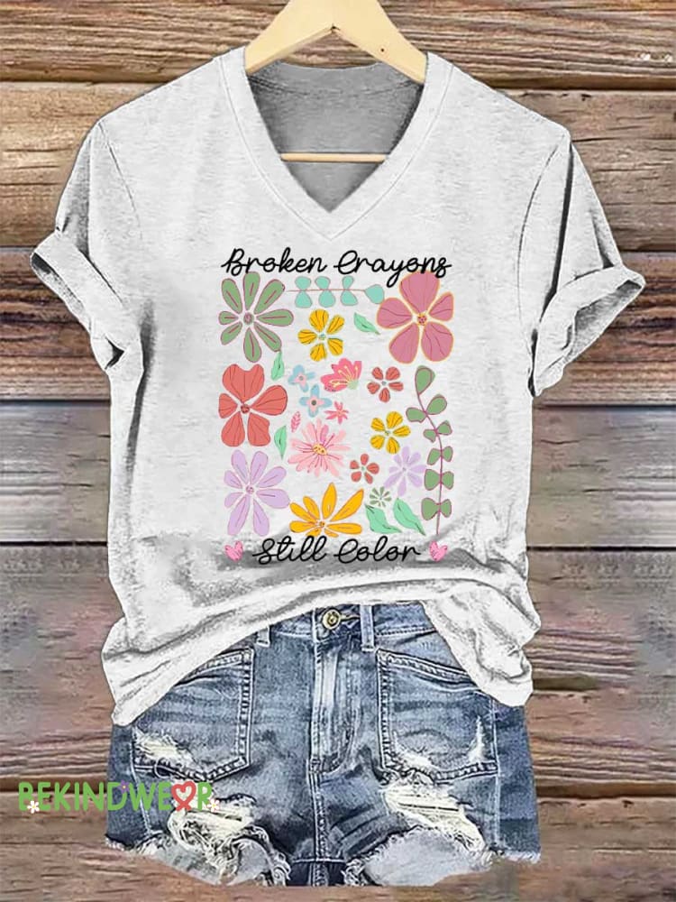 Women&rsquo;s Broken Crayons Still Color Floral V-neck Casual T-Shirt White / S