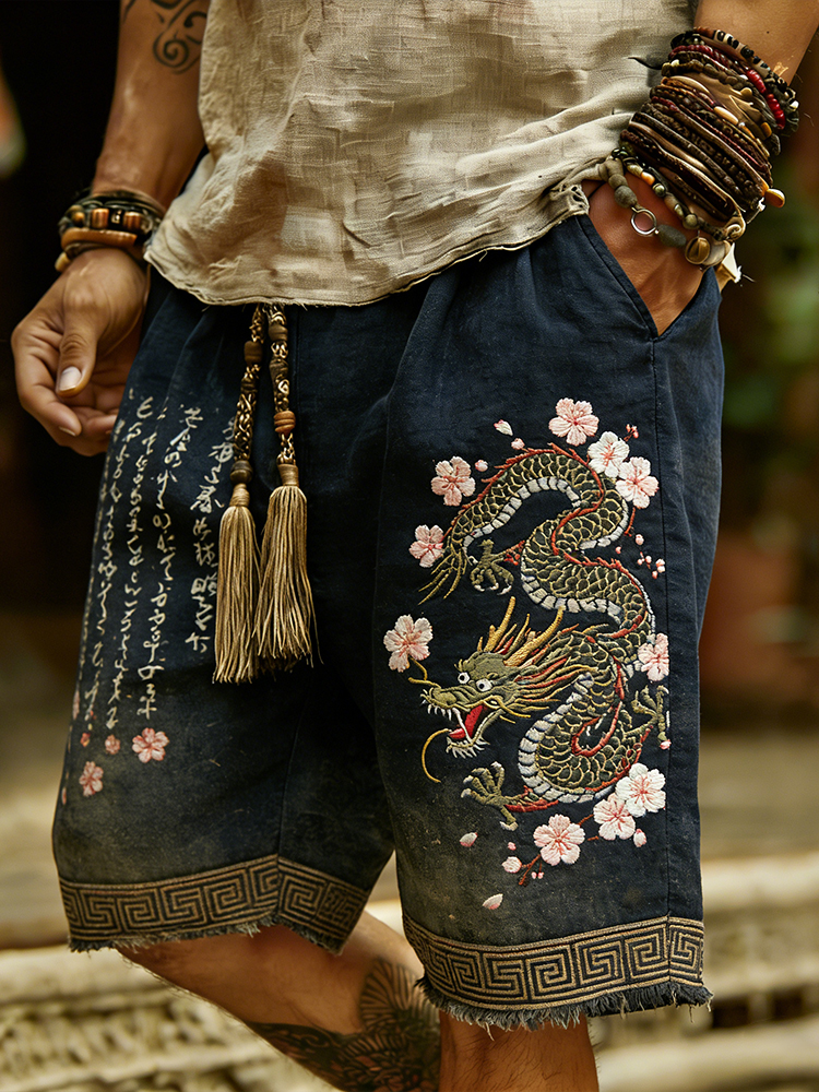 Japanese-style Dragon And Cherry Blossom Vintage Cotton-linen Shorts elevenforest