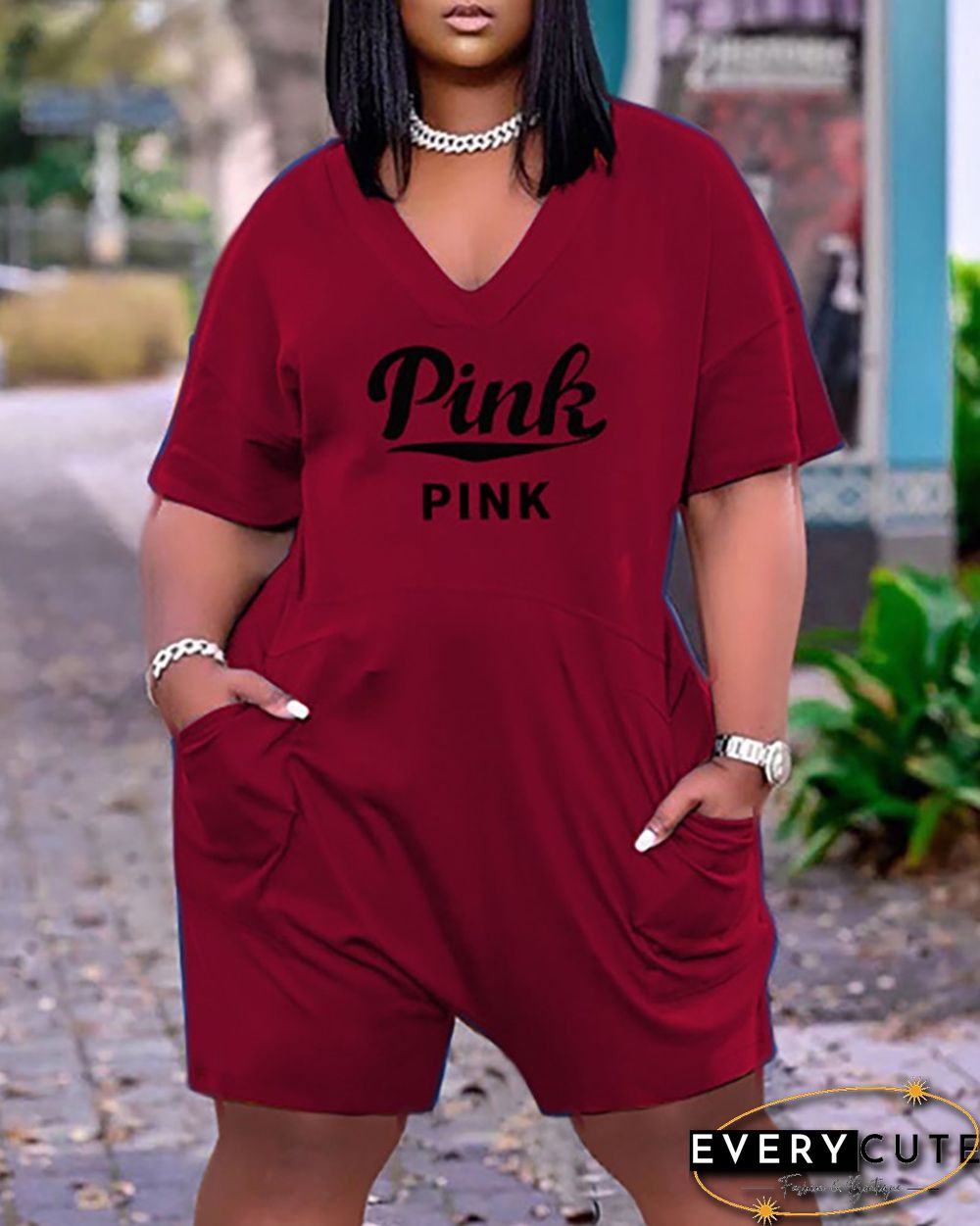 Pocket Design Letter Print Short Sleeve Romper