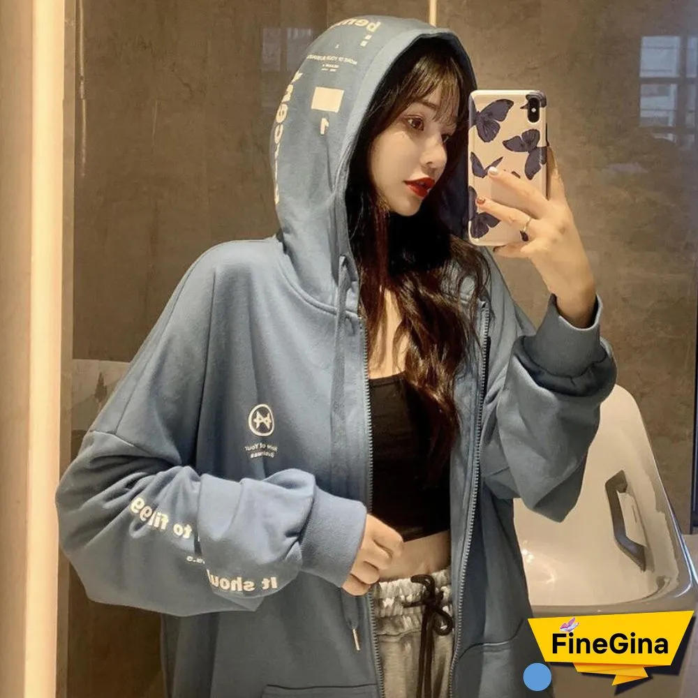 Spring Autumn Women Harajuku Zip Up Hoodies Oversized Loose Korean Version Sweatshirts Cute Kawaii Pocket Jacket Clothing Casual