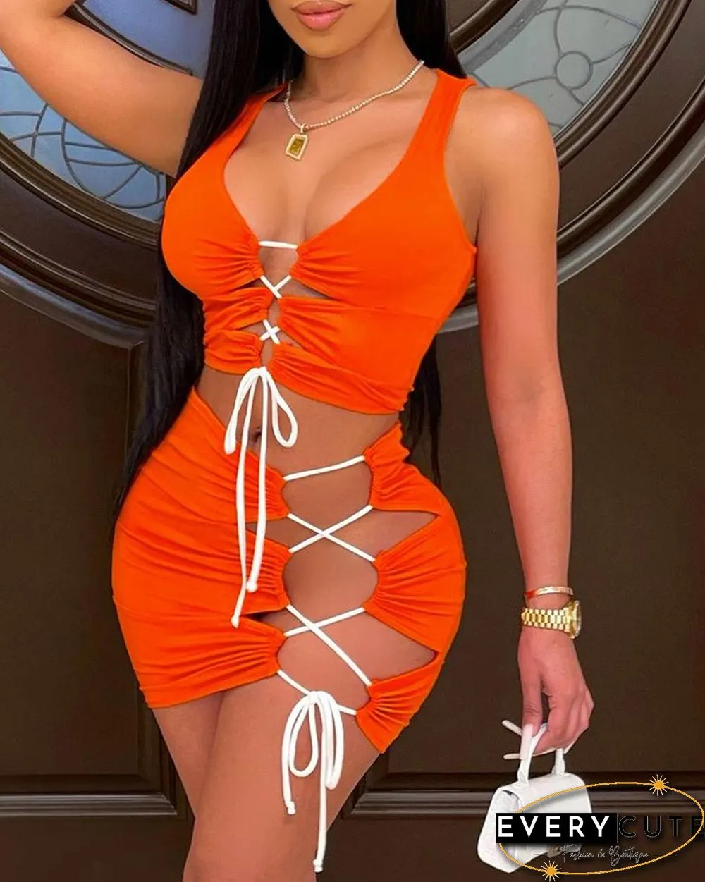 Lace Up Design Deep V Neck Sleeveless Two-Piece Dress