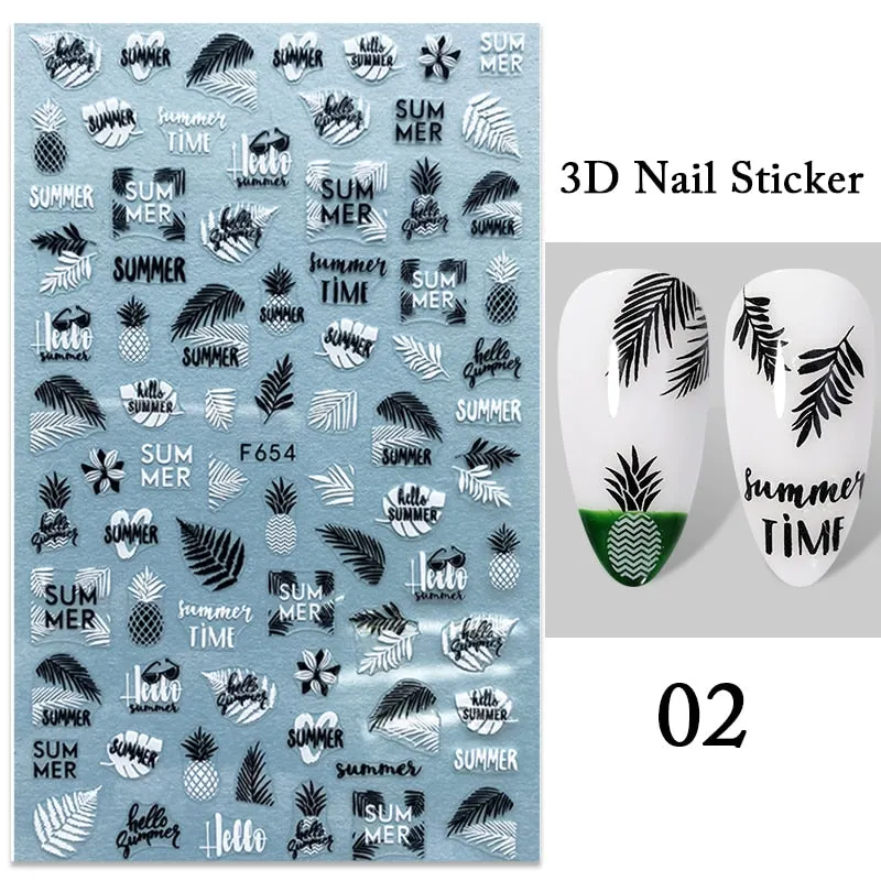 1PC iridescent Gold Black White 3D Nail Sticker Leaves Geometric Tropical Beach Decals DIY Slider Decoration Manicures-Nail Inspo