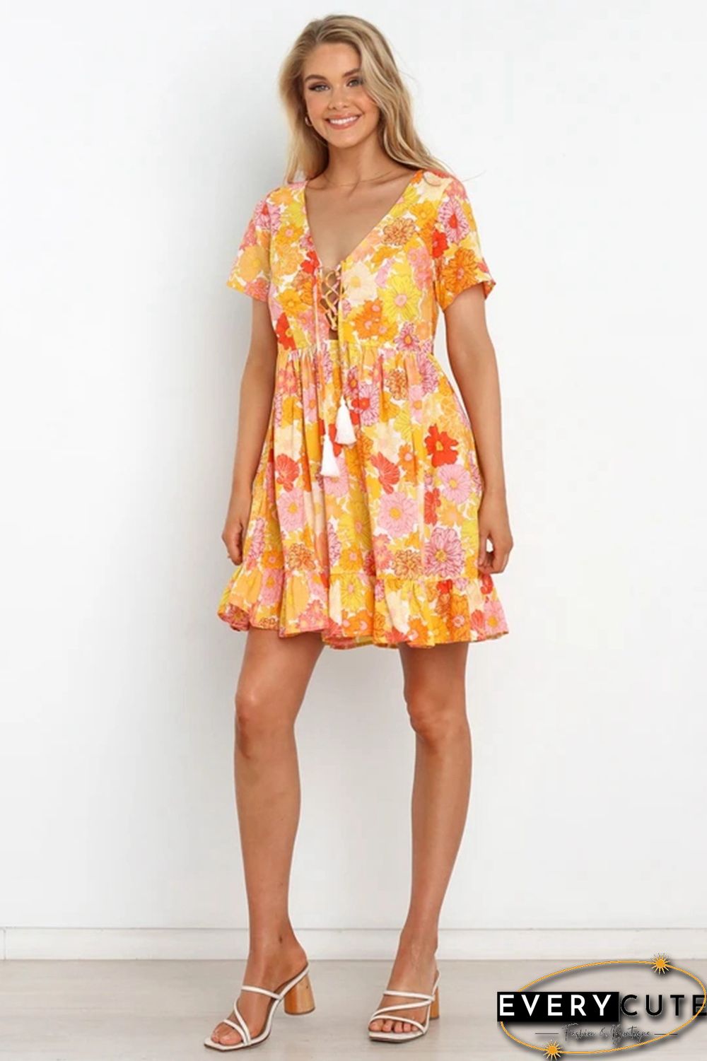 Printed Strap Ruffled Dress