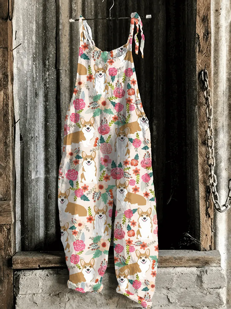 Cute Welsh Corgi And Floral Pattern Casual Jumpsuit
