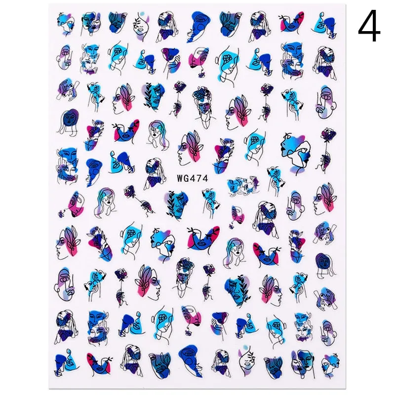 Geometric Lines Flowers Leaves 3D Nail Sticker Figure Woman Face Pattern Special Self Adhesive Nail Art Decals Manicures Sliders-Nail Inspo