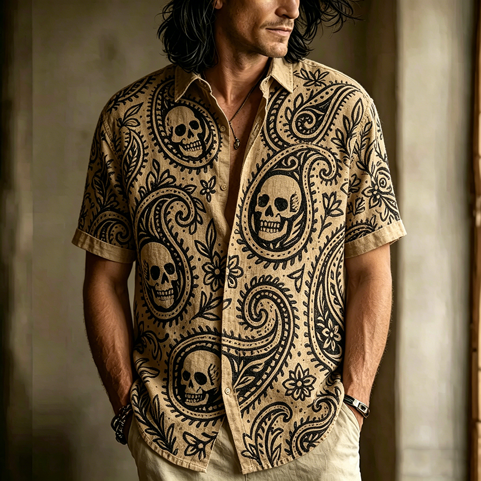 Skeleton Cashew Flower Pattern Retro Casual Men's Short-sleeve Shirt  artssus