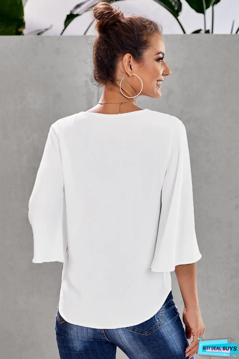 Chic White V Neck Flare Sleeve Button Tie Blouse Top