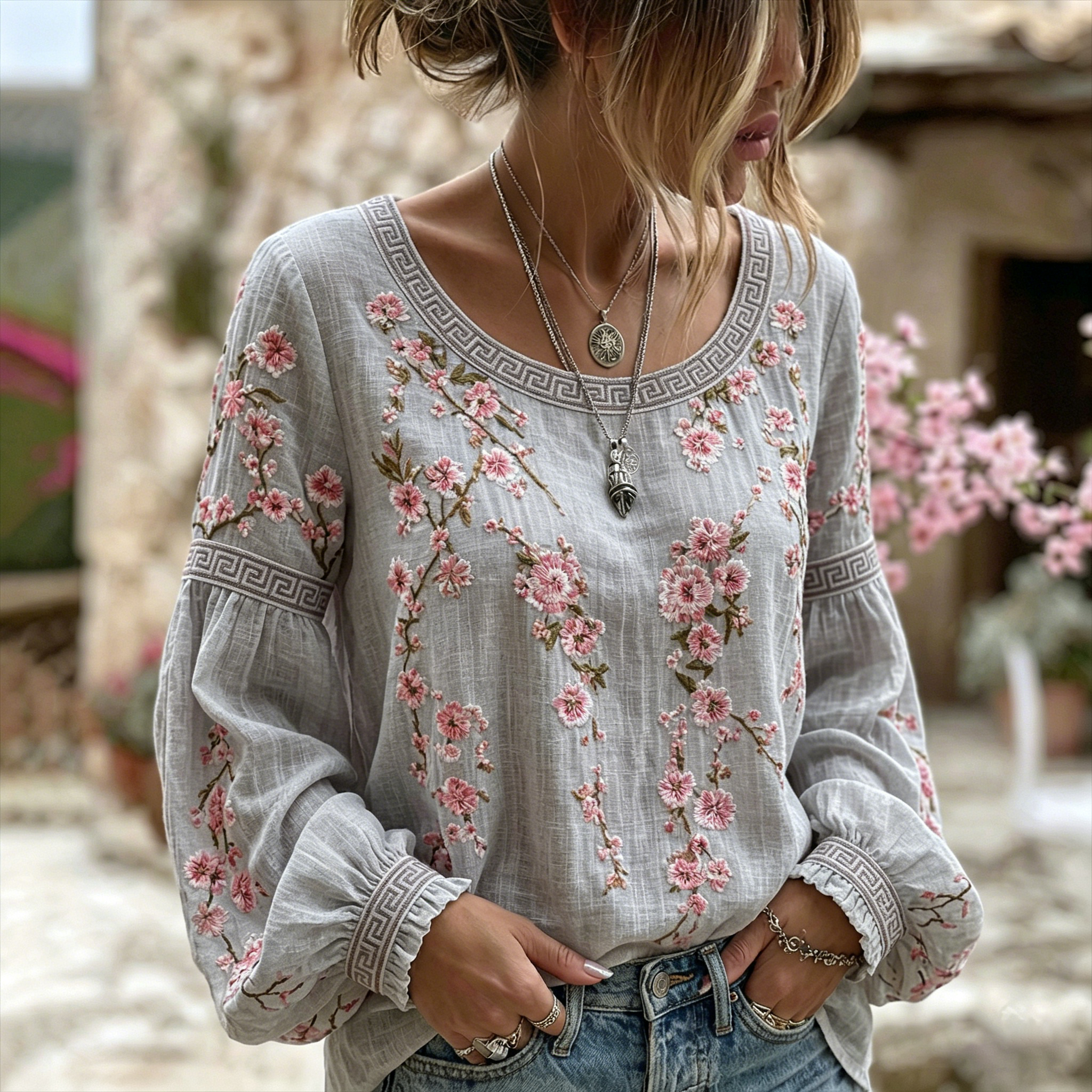 Women's Japanese Flower Art Crew Neck Linen Blend T-shirt elevenforest