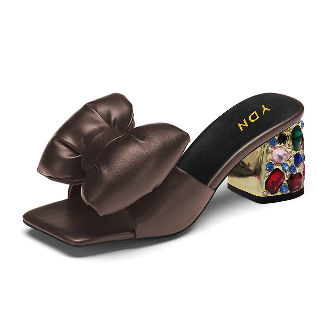 Square Toe Decorative Heel Bow Rhinestone Mules for Women in Brown