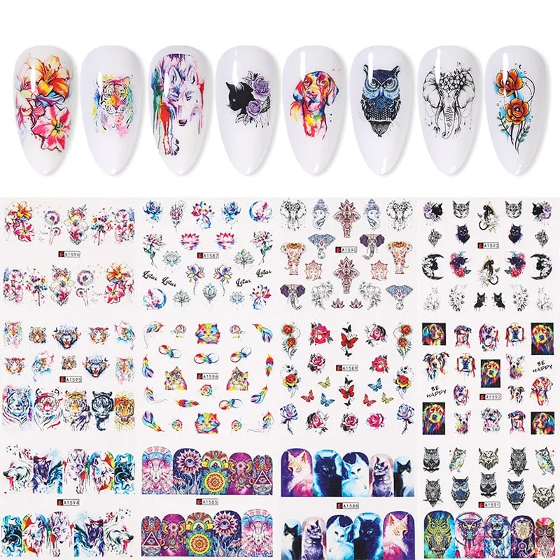 12Pcs Flower Leaf Geometric Lines Water Decals Spring Floral Butterfly Transfer Sliders Paper For Nails Decoration Manicures